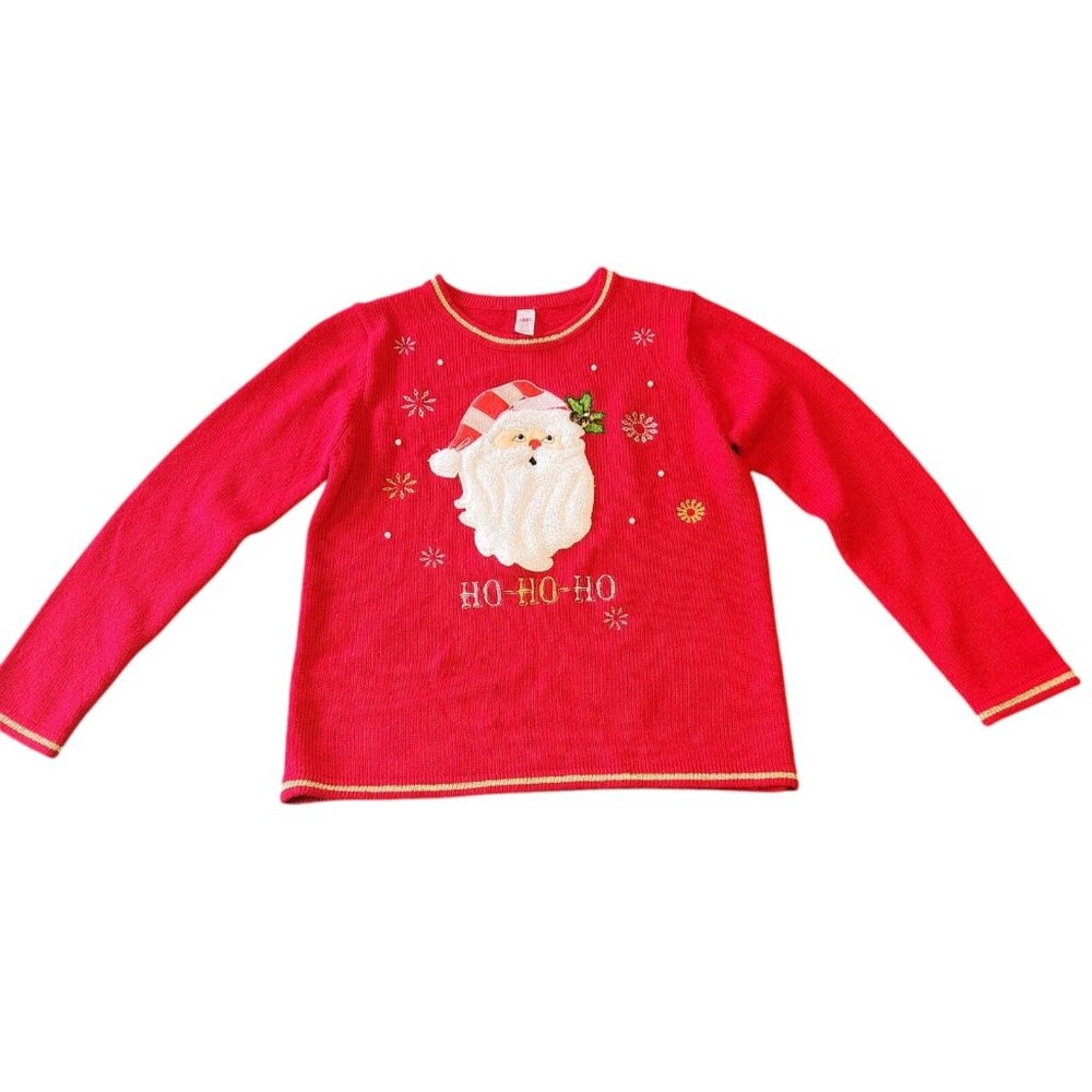 Ugly Christmas Sweater Red Long‎ Sleeve Furry Santa Ho Ho Ho Womens Small EUC